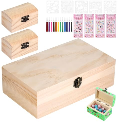 Starvortex 3 Cajas de Madera con Tapa, Caja de Madera con Bisagras y Cierre, Cajas Decorativas de Pino Pequeña con Tapa, para Pintura DIY, con Rotuladores de Colores y Pegatinas Decorativas