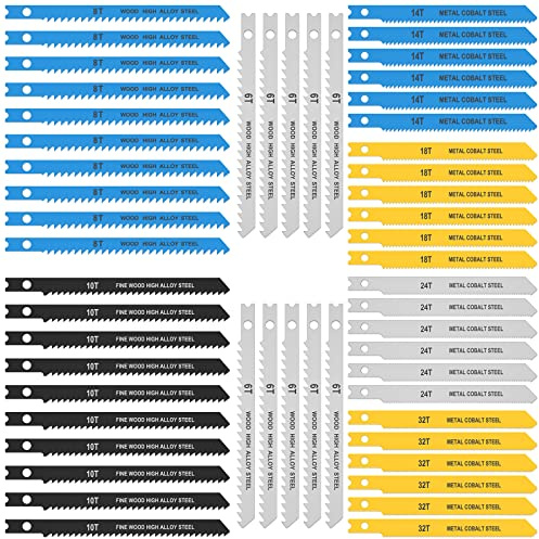54Pcs U-Shank Jig Saw Blade Set High Carbon Steel U Shank Jigsaw Blades 6T 8T 10T 14T 18T 24T 32T Assorted Saw Blades Fast Cut Woodworking Tool for Wood Metal Plastic Cutting (54pcs)