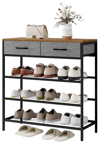 WOLTU Schuhregal schmal 4 Ebenen, Schuhständer platzsparend für 9-15 Paar | Schuhorganizer mit 2 Schubladen, Metall Rahmen, Holzplatte, Schuhaufbewahrung für Wohnzimmer Schlafzimmer Eingangsbereich