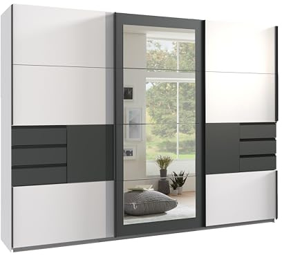 luma-Home 22502/ Schwebetürenschrank 3-türig, Weiß, Grafit, Rahmenspiegel | B270/H208/T64 cm, Kleiderschrank mit sichtbaren Schubladen, Einlegeböden, Kleiderstangen