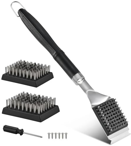 Spazzola e raschietto per la pulizia della griglia del barbecue - Spazzola metallica per barbecue - Pulitore per griglia in acciaio inossidabile da 43,2 cm con 2 testine con setole sostituibili in
