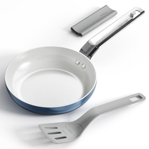 stackbear Ceramic Non-Stick Frying Pan 20cm, Stackable Design | PFAS-free Titanium Ceramic Pan with Stackable Design, Measuring Spatula, Silicone Grip, Induction & Oven Safe to 250°C