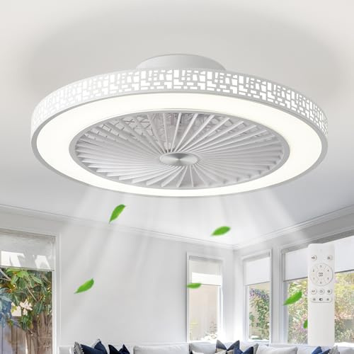 Enwinup Ceiling Fans with Lights and Remote 19 Reversible Bladeless 6 Speeds Quiet Low Profile Fan Light 3000-6000K Stepless Dimmable LED Flush Mount Ceiling Fans with Lamps for Bedroom Living Room