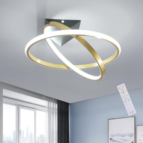 Mckalen Lámpara de Techo LED Regulable, 32W 3600LM Moderno Plafón LED con Mando a Distancia 3000K-6500K, Dorado 360° Giratorio Luz de Aluminio para Dormitorio Comedor Salón, Ø41CM