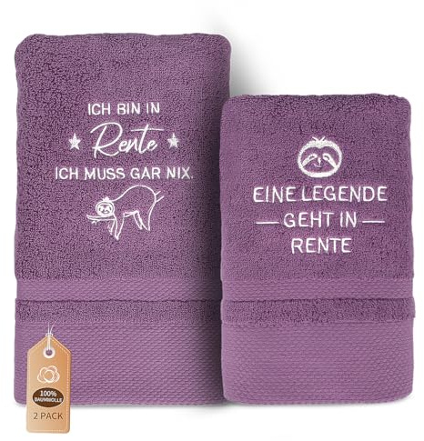 EUNEWR Renteneintritt Geschenk Frau, 2 teilig Handtuch Set als Renteneintritt Geschenk, 100% Baumwolle Bestickt Handtücher enthält Badehandtuch 50 x 100 cm und Handtuch 35 x 75 cm (Lila)