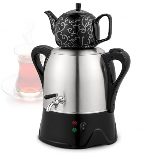 AMQYDT 2 000 W elektrisk turkisk tebryggare, elektrisk samovar med funktion för att hålla värmen, 3 l tekanna i rostfritt stål och 1 l keramisk tekanna, för kaffe, doftande och turkiskt te