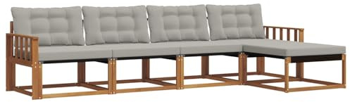 Yisssmeng Gartenmöbel-Set 5-teilig Lounge-Set aus Akazienholz Massivholz Outdoor-Sofa mit hellgrauen Kissen Modulare Gartenlounge für Terrasse Garten Hinterhof 329 x 162,5 cm