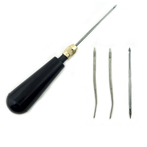 HAND® in Pelle Artigianale, Tenda da Sole, Vele, Tela, Tenda Riparazione Cucitura Cucitura punteruolo con Manico Acrilico Tinta e Ottone Raccordo di Torsione e Ottenere 2 Dritto e Curvo 2 Aghi