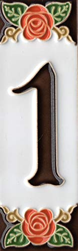 Numéros de maison italiens en céramique avec chiffres et lettres - Motif rose orange - Dimensions : 15 x 5 cm (numéro 1)