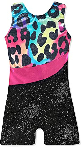 XiaoMoSha Gymnastics Leotards for Girls Sleeveless Dance Unitards Ribbon Sparkle Leotard Gymnastics Athletic for Little Girls(Leopard, 7-8 Years)