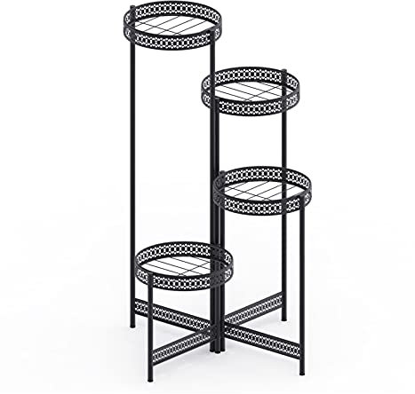 Pflanzenregal 4 Stufe Metall Pflanzenständer Indoor Black Tall Blumentopf Halter Display Rack Faltbar for Patio Garten Wohnzimmer Ecke Balkon Blumenregal