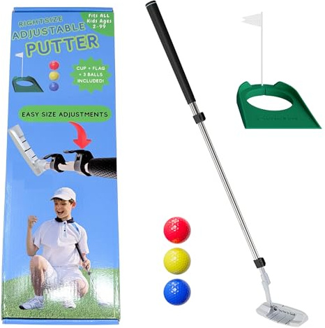 Kids Putter with Extendable Shaft for Junior Golfers Ideal Training Club for Youth - Includes 3 Balls, Cup with Flag - Silver, 17-35