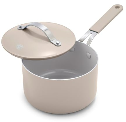 GreenLife 2 Quart Nonstick Saucepan with Lid, Lightweight Healthy PFAS-Free Milk Pan, Dishwasher & Oven Safe Soup Pan, Durable Body, Silicone Stay-Cool Handle, Easy Release Chef’s Pan, Taupe