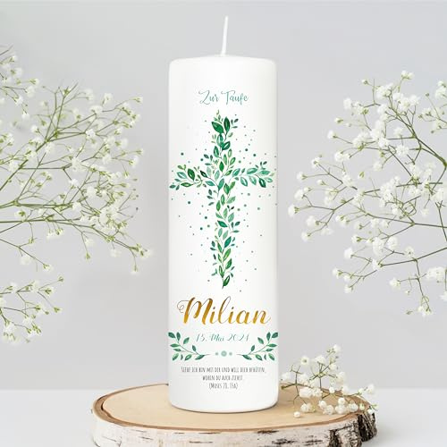 Wandtattoo Loft Taufkerze Junge oder Mädchen mit Taufspruch, Motiv Heiliges Kreuz aus grünen Blättern, 25cm x 8cm, personalisierte Kerze, bedruckte Kerze Taufe, Stumpenkerze, Geburtkerze, Taufgeschenk