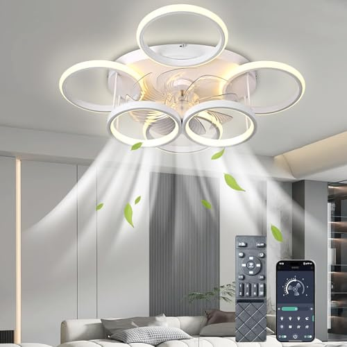 AHRHSM Ventilateur de Plafond avec éClairage, Lampe LED Dimmable 65W avec Ventilateur, Silencieux, Minuterie, Ventilateurs de Plafond à 6 Vitesses avec éClairage, Télécommande et Contrôle APP (Blanc)
