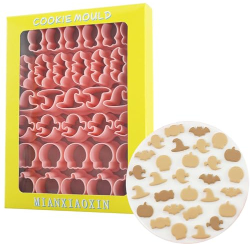 PTaizjjz Juego de cortadores de galletas de Halloween, 6 sellos de galletas de Halloween, cortadores de galletas de plástico para niños, sombrero, calabaza, calavera, fantasma, caramelo, murciélago,