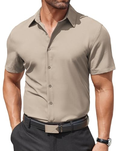 COOFANDY Kortärmad herrskjorta enkel formell skjorta stretch affärsskjorta normal passform button-down-skjortor för bröllopsfest, Khaki, XL