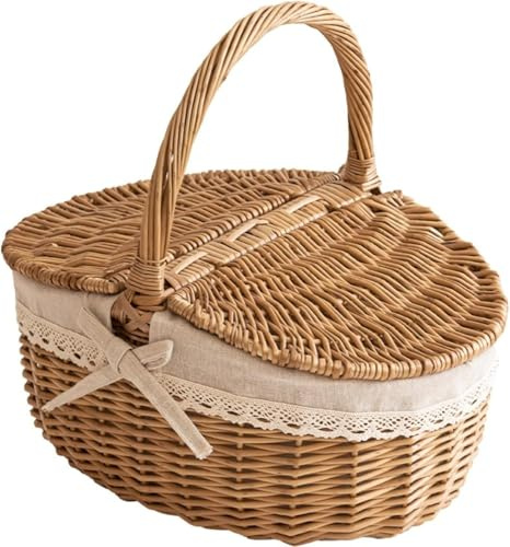 Panier de pique-nique vintage Generic en osier, ovale, beige, 24 x 26 x 18 cm, avec double couvercle et poignée