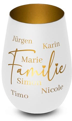 Windlicht „Familie“ personalisiert mit Namen - Glas mit Gravur - Geschenk für Mama & Oma zum Muttertag, Weihnachten, Geburtstag, Deko für Wohnzimmer - Weiß, innen Gold
