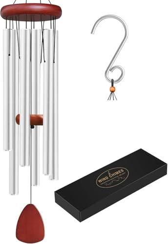 Windspiele, 65cm Aluminium Windspiel 6 Metallröhren Klangspiele für draußen, Garten, Terrasse Dekoration mit Windfänger, klassisch （Silver