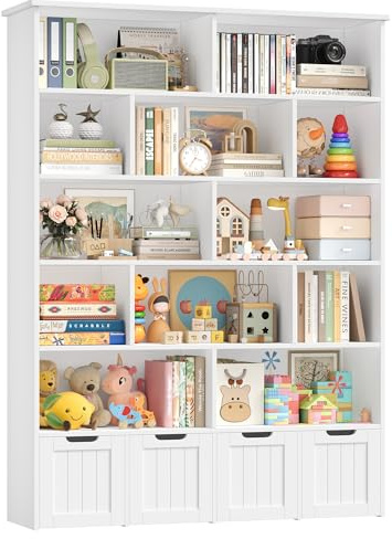 FOREHILL Libreria Montessoriana per Bambini, Scaffale Portagiochi Bambini, Mobile Porta Giochi a 12 Scomparti Aperti e 4 Cassetti su Ruote, per Cameretta e Stanza dei Giochi, 125.5x33x175cm, Bianco