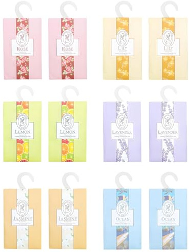 HUVZOR 12 Pezzi Profumatore Armadio, Profumatori con Gancio, sacchetti profumati per armadio,sacchetti profumati per cassetti, Adatto per Armadio, Librerie, Scarpiere, Cassetto (6 Profumi)