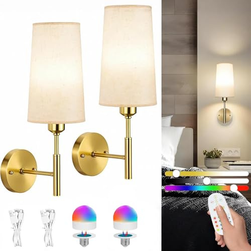 VOMI Akku-Wandleuchte innen, 2er-Set, RGB, Dimmbar, Tim, Fernbedienung | Kabellose Akku-Wandleuchten mit Stoffschirm, 3000mAh, RGB-Licht und Fernbedienung
