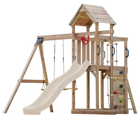 AXI Moos Aire De Jeux en Bois avec 2 Balançoires, Toboggan Crème, Echelle en Corde/Aire De Jeux Extérieur avec Balançoires/Bac À Sable/Mur d'escalade | Portique Balançoire/Jeux en Bois Extérieur