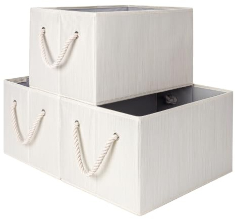 StorageWorks Große Aufbewahrungsbox Stoff, Faltbarer Aufbewahrungskorb mit Griffen, Stoffboxen Aufbewahrung, dekorative Korb Aufbewahrung, Regalboxen für Kleidung, Elfenbein und Weiß, 3 Stück