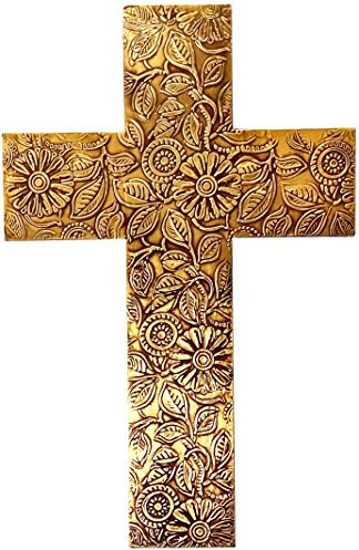 Purpledip Wandkreuz aus Holz, handgefertigt, Mangoholz, mit geprägtem Metallblech, Gold (11445)