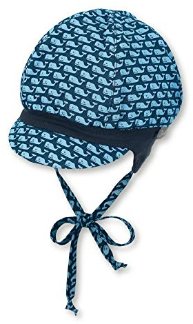 Sterntaler Ballonmütze für Jungen mit Bindebändern, Ohrenklappen und Muster mit Wal-Motiven, Baumwolle, Alter: 5-6 Monate, Größe: 43, Blau (Marine)