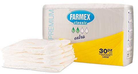 Farmex - Pannolone PREMIUM per Incontinenza per Adulti - Dermatologicamente Testato, Latex-Free, Anallergico, Atossico, Doppio Strato Assorbenza EXTRA - Taglia XL - 30 Pezzi