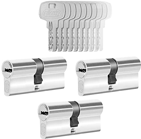 GERCAR 3x Bombín de cerradura/cilindro para puerta de entrada/interior 70 mm - 3x cerradura de puerta 35/35 mm - En latón niquelado - Con 15 llaves - Longitud: 70 mm, A: 35 B: 35