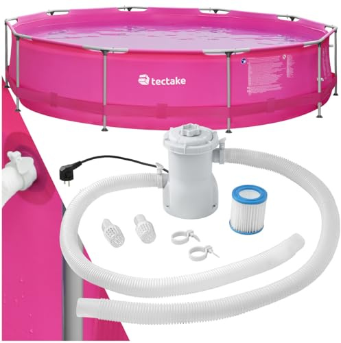 tectake® Piscine Tubulaire Ronde Piscine Hors Sol Ø360 x 76 cm Rose Vif, Structure en Acier, PVC Résistant aux UV & à la déchirure, avec Pompe Piscine à Filtre, Montage & démontage Facile