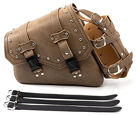 APEBAZY Motorrad-Satteltaschen - Umhängetasche aus braunem Kunstleder Seitentaschen Dreieckige Gepäcktasche mit großer Kapazität und Wasserflaschenhalter - Linke Seite