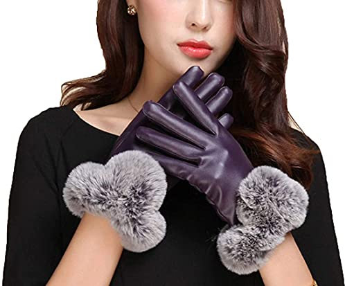 GHCXY Unisex-Erwachsene Fäustlinge Leder Handschuhe Frauen Winter verdickt warm einfach fahren glamourös Handschuhe Mode Flauschige Fäustlinge Lila M