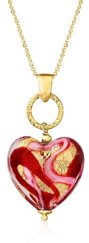 Ross-Simons Italian Red and Pink Murano Glass Heart Necklace in 18kt Gold Over Sterling. 18 inches