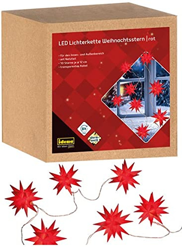 Idena 31272 - LED Lichter-Kette mit 10 roten Sternen und 8 Stunden Timer Funktion, ca. 7,70 m lang, Sterne je ca. 12 cm groß, dekorative Beleuchtung im Innen- und Außenbereich