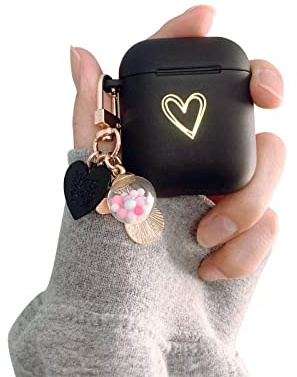 Fycyko Kompatibel mit AirPods 2 & 1, Herz Muster mit Niedlicher Glücksball Airpods Case mit Schlüsselanhänger Stoßfeste AirPods Schutzhülle für Mädchen Frau für Airpods 2 & 1-Schwarz