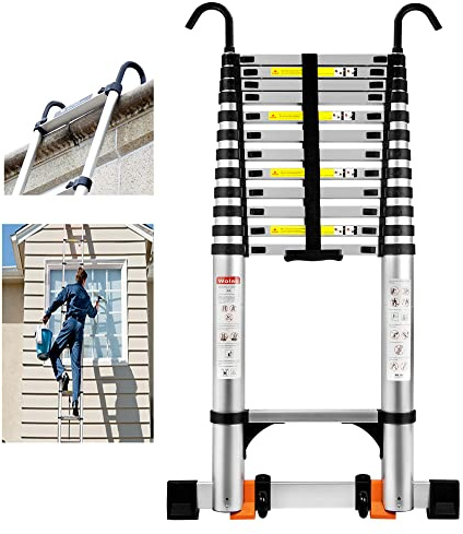 Wolec 16.5 FT Telescoping Ladder with Hooks, Adjustable Multi-Purpose Collapsible Extension with Stabilizers & Wheels, Heavy Duty 330 lbs Max Capacity, Ideal for Home and Outdoor Work,Silver