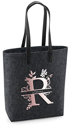 Filztasche Damen-Shopper mit Motivdruck | Bedruckt und Personalisiert mit Floralem Monogramm Name | Einkaufstasche Geschenk