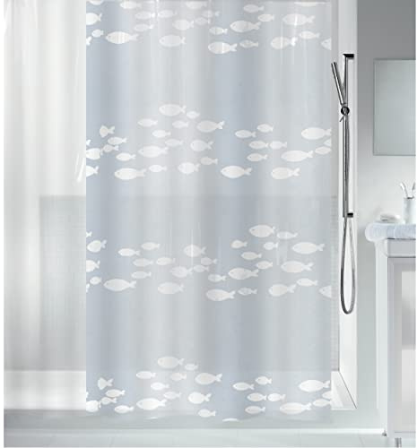 Spirella Anti-Schimmel Duschvorhang - Anti-Bakteriell, waschbar, wasserdicht, Peva, „Sardaigne Fische“ 180x200cm Weiß Transparent