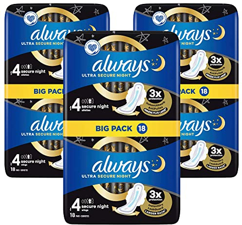 Always Ultra Secure Night Damenbinden mit Flügeln, Größe 4, 18 Stück pro Packung (3 Stück) – insgesamt 54 Einlagen