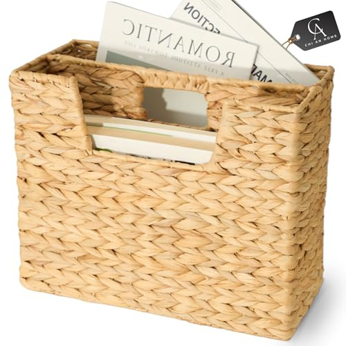 CHI AN HOME Wicker Magazine Basket, Handwoven Water Hyacinth Storage Bin & Organizer for Files, Books, Newspapers, Documents, Decorative Storage Bin with Handle for Office, Living Room, Dorm, Bathroom