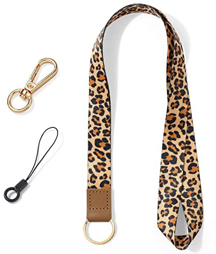 Vicloon Cordón Llavero Cuello, Llavero Cordón, con Cierre Giratorio, 1 Correa para el Cuello para Llaves 2 Accesorios, Correa para el cuello para Llavero, Tarjeta, Teléfono Móvil (Estampado Leopardo)