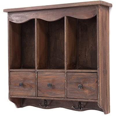 DESIGN DELIGHTS WANDREGAL Belle | mit Schubladen und Haken, 62 cm, Mahagoni Holz | Küchenregal, Vintage Hängeregal, Wandschrank, Holzregal