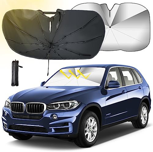 Oziral Auto Sonnenschutz für Frontscheiben Verbesserter Faltbarer Sonnenschirm Windschutzscheibe UV Schutz 360°Drehung Biegbarer Schaft Schützen Sie Ihr Auto vor Kratzern 140 * 79 cm(55 * 31 Zoll)