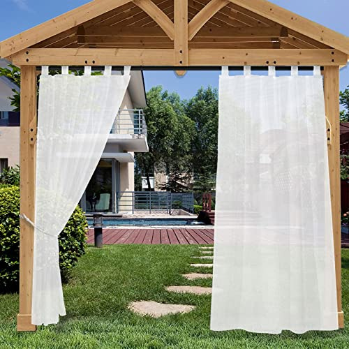 Heavyoff Outdoor Vorhang Wasserdicht Transparent Gardinen Leinenoptik | Outdoorvorhänge mit Abnehmbaren Schlaufen für Gartenlaube Balkon Terrasse Pavillon Weiss, 2 Stück, 132x244cm
