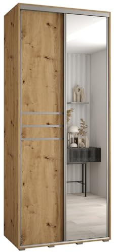MEBLE KRYSPOL Davos 11 100 Schrank mit Zwei Schiebetüren für Schlafzimmer - Moderner Schrank mit Spiegel, Kleiderstange und Regalen - 235,2x100x45 cm - Artisan Artisan Silber