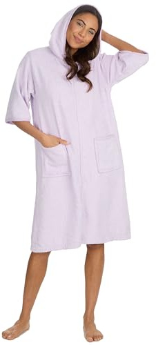 Metzuyan WS-SS24 Ladies Terry Toweling Hooded Gown 100% Cotton Beach Robe Zip Up Poncho Towel Beachwear Lilac UK 18-20